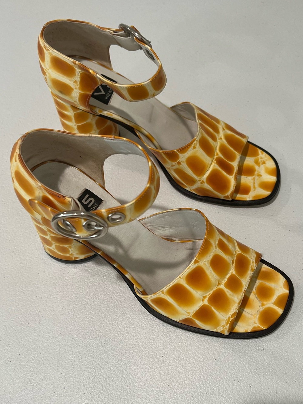 VS made in Italy Vintage 70s disco style crocodile leather Strap Heels Sz 8 - Picture 3 of 10